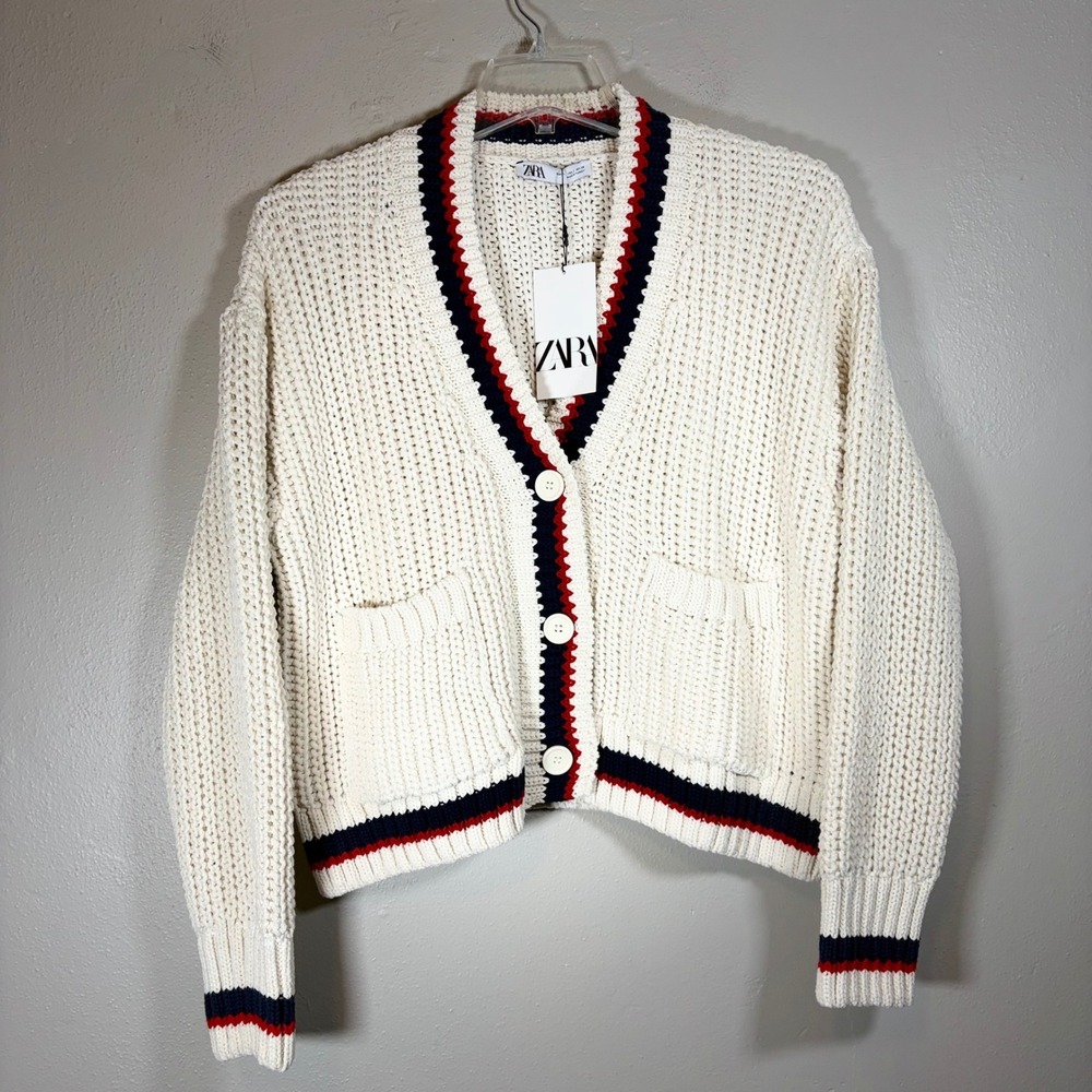 Zara‎ NWT White Chunky Knit Varsity Cardigan Navy Red Trim Varsity Preppy Large